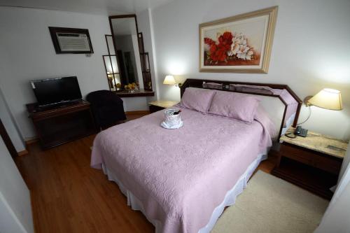 a bedroom with a bed with a purple comforter at Caravelle Palace Hotel in Curitiba