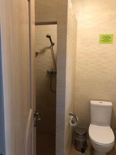 a small bathroom with a toilet and a shower at Motel Kurortnyy & SPA in Shklo