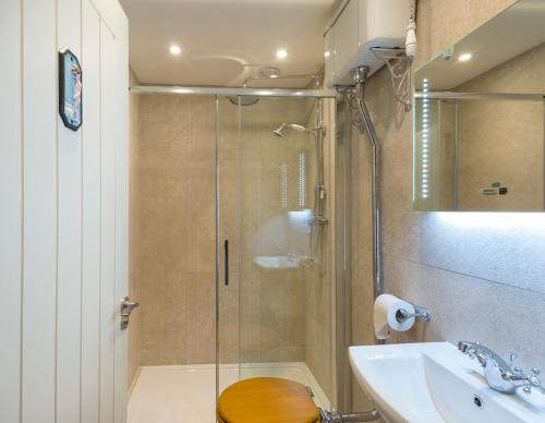 a bathroom with a shower and a toilet and a sink at McGettigan's Townhouse - Olives & Figs Bistro in Dublin
