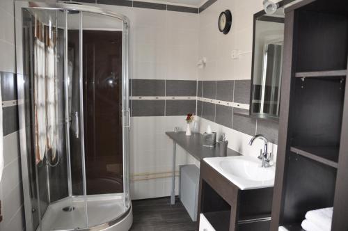 y baño con ducha y lavamanos. en Chambres d'Hôtes L'Alezan, en Orry-la-Ville