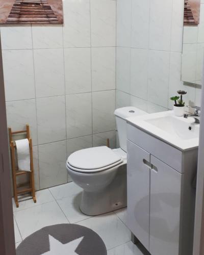 a white bathroom with a toilet and a sink at Casinha do Cedro in Baião