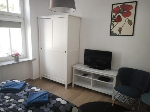 a living room with a television and a white cabinet at Apartament Parkowy in Duszniki Zdrój