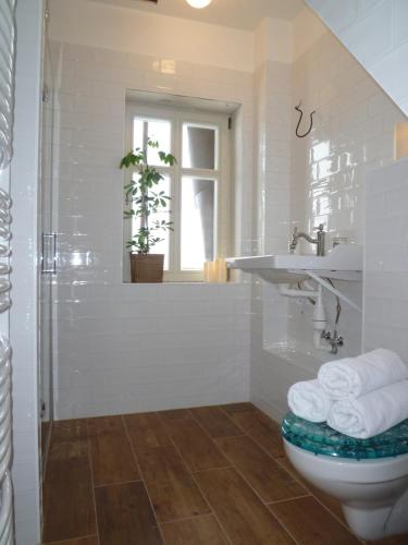 a white bathroom with a sink and a toilet at Olivia House in Abertamy
