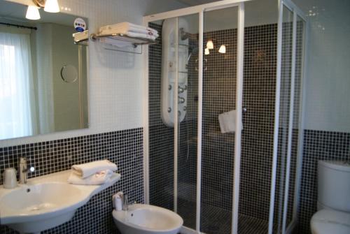 a bathroom with a shower and a sink and a toilet at Hotel Carlos V in Granada