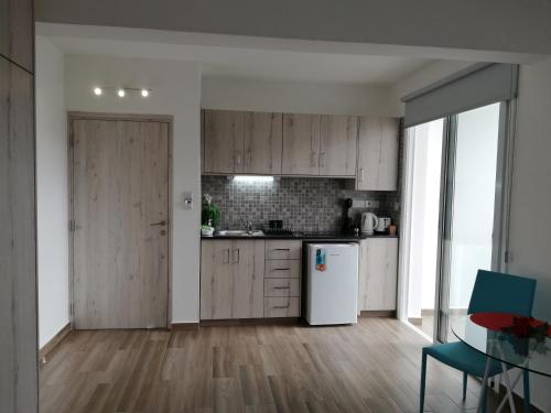 a kitchen with wooden cabinets and a white refrigerator at Chicos Studios in Ayia Napa