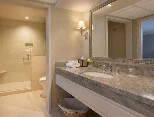 een badkamer met een wastafel, een toilet en een spiegel bij Lafayette Park Hotel & Spa in Lafayette