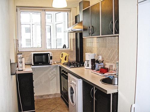 uma cozinha com um lavatório e um fogão forno superior em Amzei Apartment Bucuresti em Bucareste