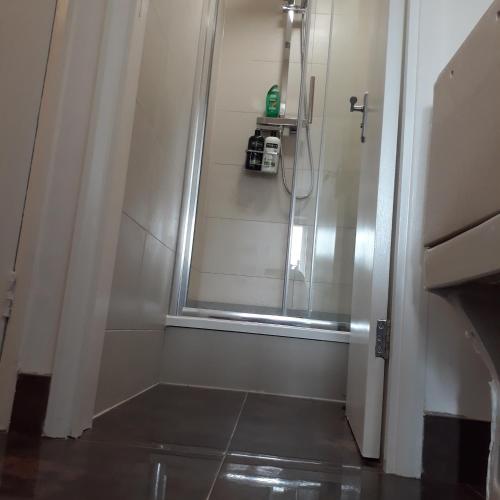 a shower in a bathroom with a window at Luxury London Apartment in London