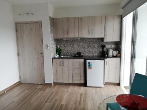 a kitchen with wooden cabinets and a white refrigerator at Chicos Studios in Ayia Napa