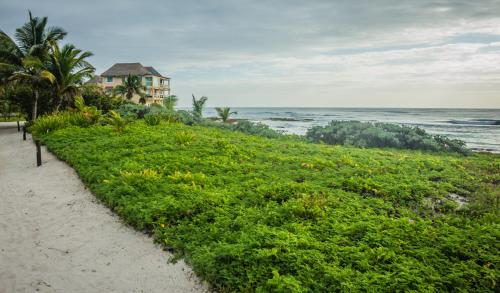 a house on the beach next to the ocean at Caleta Tankah in Tulum