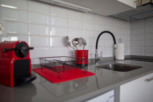 a kitchen counter with a sink and a red dish rack at Charmant 3 pièces à la marina Pointe du Bout aux 3 ilets in Les Trois-Îlets
