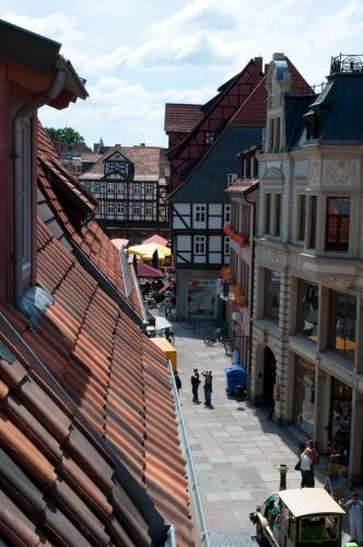 an overhead view of a city street with buildings at Hotel am Hoken in Quedlinburg