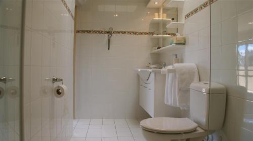 a white bathroom with a toilet and a shower at Tuscany Downs Estate in Darfield