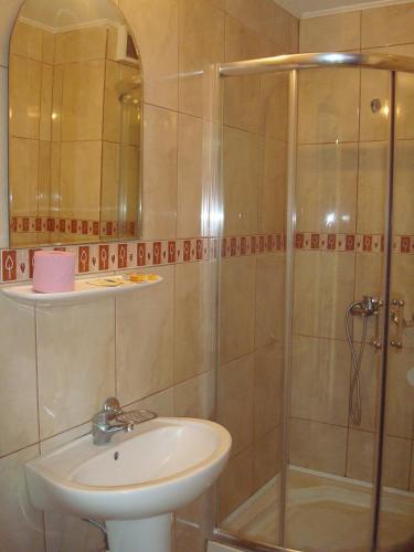 a bathroom with a shower and a sink at Hotel Terra in Eforie Nord