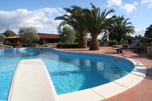a large swimming pool in a yard with palm trees at Résidence Villa Smeralda in Telti