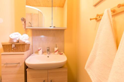 uma casa de banho com um lavatório branco e um espelho. em Holiday Home Kuća za odmor LEA - Ravna Gora em Ravna Gora