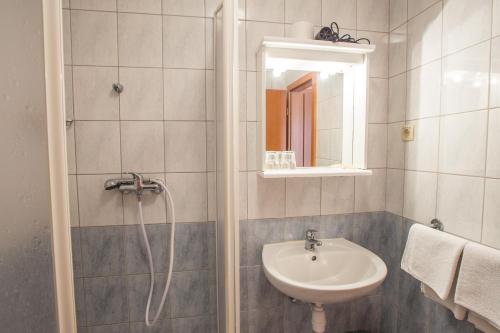 a bathroom with a shower and a sink and a mirror at Guesthouse Beno in Starše