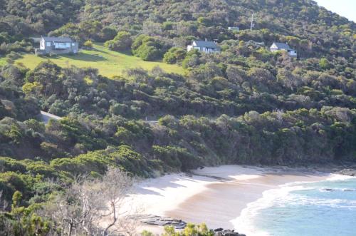 a view of a beach with houses on a hill at Points South By The Sea in Apollo Bay