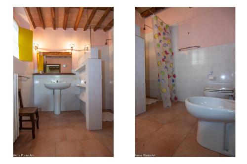 - deux photos d'une salle de bains avec lavabo et toilettes dans l'établissement La Casina dei Frati, à Lucques