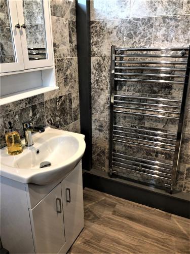 a bathroom with a sink and a shower at Eclipse Apartment No 1 in Newmarket