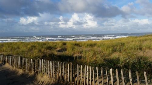 a fence on the beach with the ocean in the background at Villa Zeezicht in Noordwijk