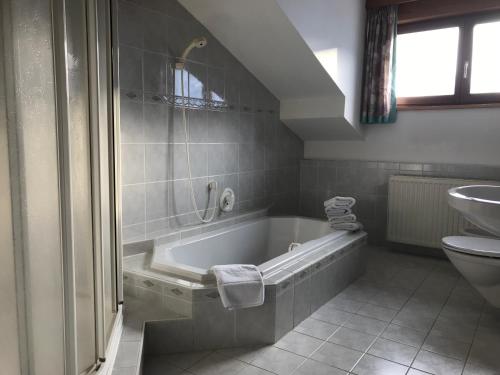a bathroom with a tub and a toilet and a sink at Appartements Rosenstockl in Gundersheim