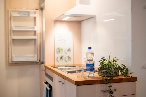 una cocina con una botella de agua y vasos en una encimera en Apartment Liß, en Gladbeck