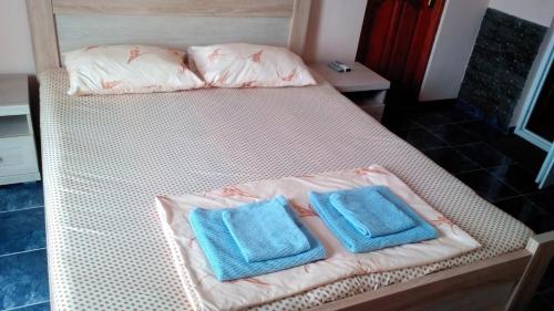 a bed with two blue pillows on it at Guest House Rusalka in K'obulet'i