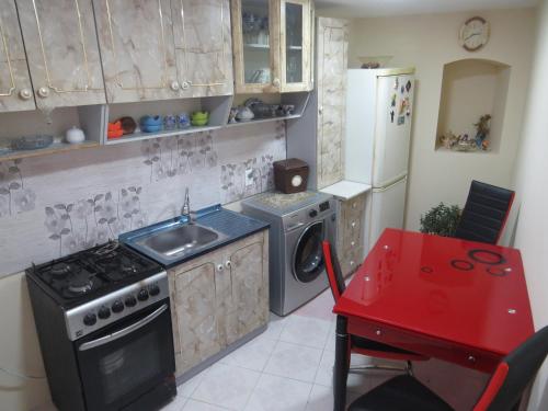 a kitchen with a stove and a sink and a washing machine at Lana Apartment in Tbilisi City