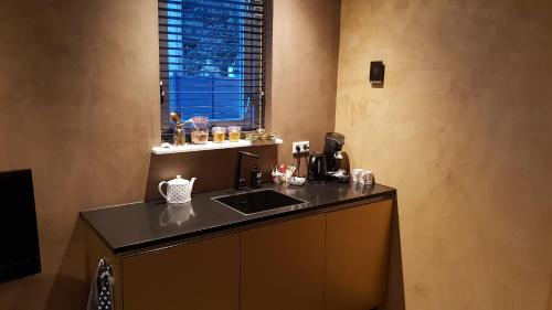 a kitchen with a counter with a sink and a window at Bed & Breakfast Coopz in Doetinchem