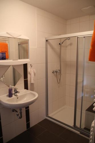 a bathroom with a shower and a sink at KAJÜTE in Brake