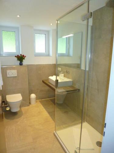 a bathroom with a toilet and a sink and a shower at Haus Marianne in Oberjoch