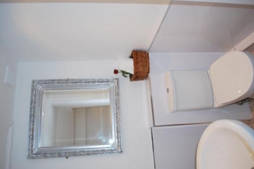 a bathroom with a mirror and a white toilet at Gallowgate Square Apartments in Largs