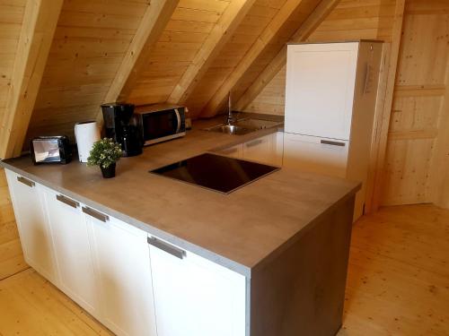 a kitchen with a counter with a sink and a refrigerator at Stubihuettn in Sonnenalpe Nassfeld