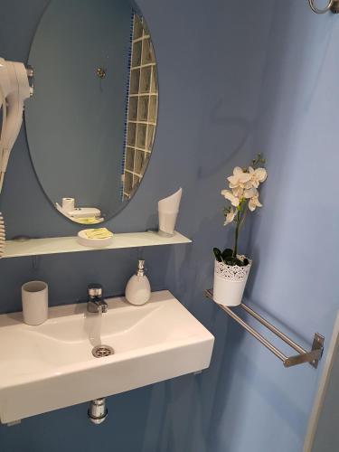 a bathroom with a white sink and a mirror at Hostal Main Street Madrid in Madrid