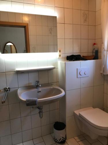 ノルトダイヒにあるFerienhaus Riede Norddeichのバスルーム(洗面台、トイレ付)
