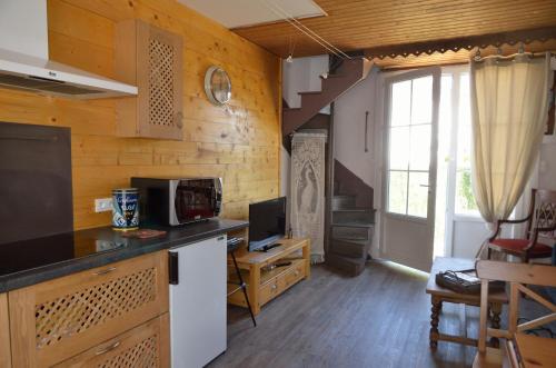 a kitchen with a counter top and a microwave at Le Tacot in Pont-de-Poitte