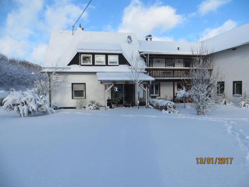 a house with snow on the ground in front of it at Ferienwohnungen Grafenfelder Hof in Gerolstein