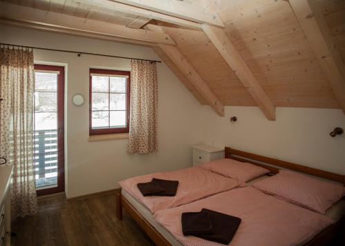a bedroom with a bed and two windows at Apartmány Fišerka in Rokytnice nad Jizerou