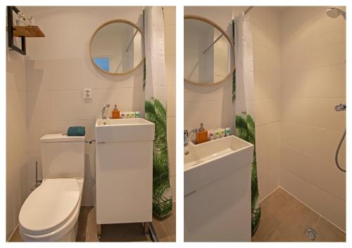 2 zdjęcia łazienki z toaletą i umywalką w obiekcie Amsterdam Beach Apartment 90 w Zandvoort