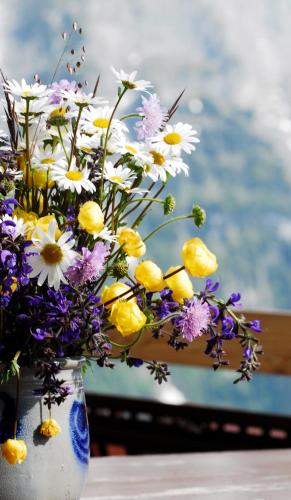 a vase filled with flowers sitting on a table at Alpinhotel Bort in Grindelwald