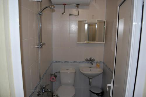 une petite salle de bain avec toilettes et lavabo dans l'établissement Borova House, à Tryavna