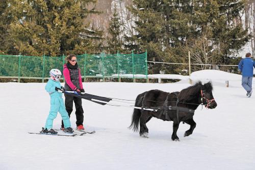 a woman and a child pulling a horse in the snow at Hotel La Chaudanne in Méribel
