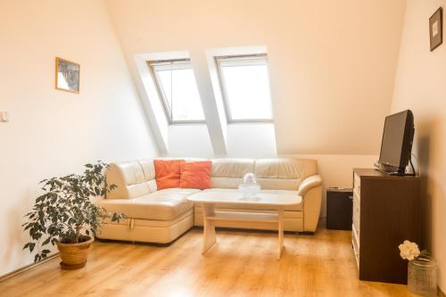 a living room with a couch and a tv at Villa A. Malka in Poděbrady