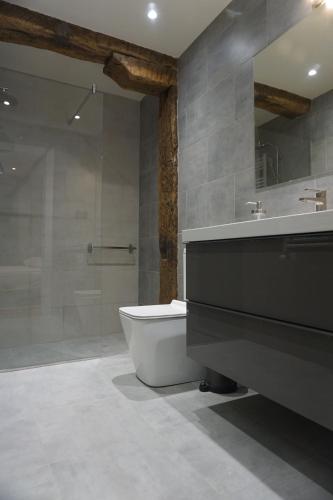 a bathroom with a sink and a glass shower at Loft 7calles, Casco Viejo. Bio in Bilbao