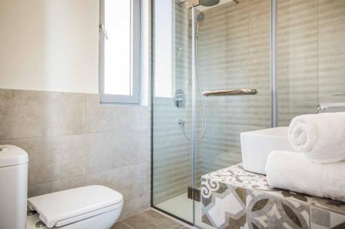 a bathroom with a shower and a toilet and a sink at Villa Della Luna in Vlachata