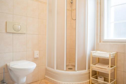 a bathroom with a shower and a toilet in it at Villa A. Malka in Poděbrady
