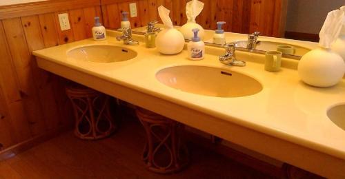 un bagno con due lavandini e bottiglie di sapone di Pension Come Relax Tatami-room 12 tatami mats- Vacation STAY 14986 a Minami Uonuma