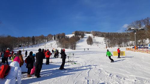 a group of people standing on a ski slope at Apartmán Alfa 11 in Cerny Dul