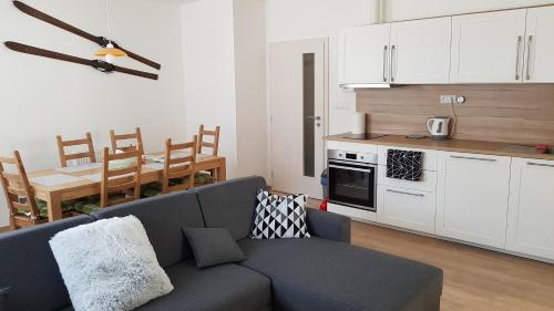 uma sala de estar com um sofá e uma cozinha em Apartmán Alfa 11 em Cerný Dul
